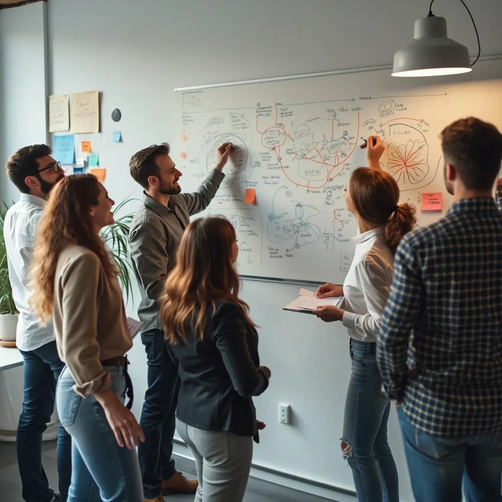 Equipo de consultores colaborando en una sesión de lluvia de ideas