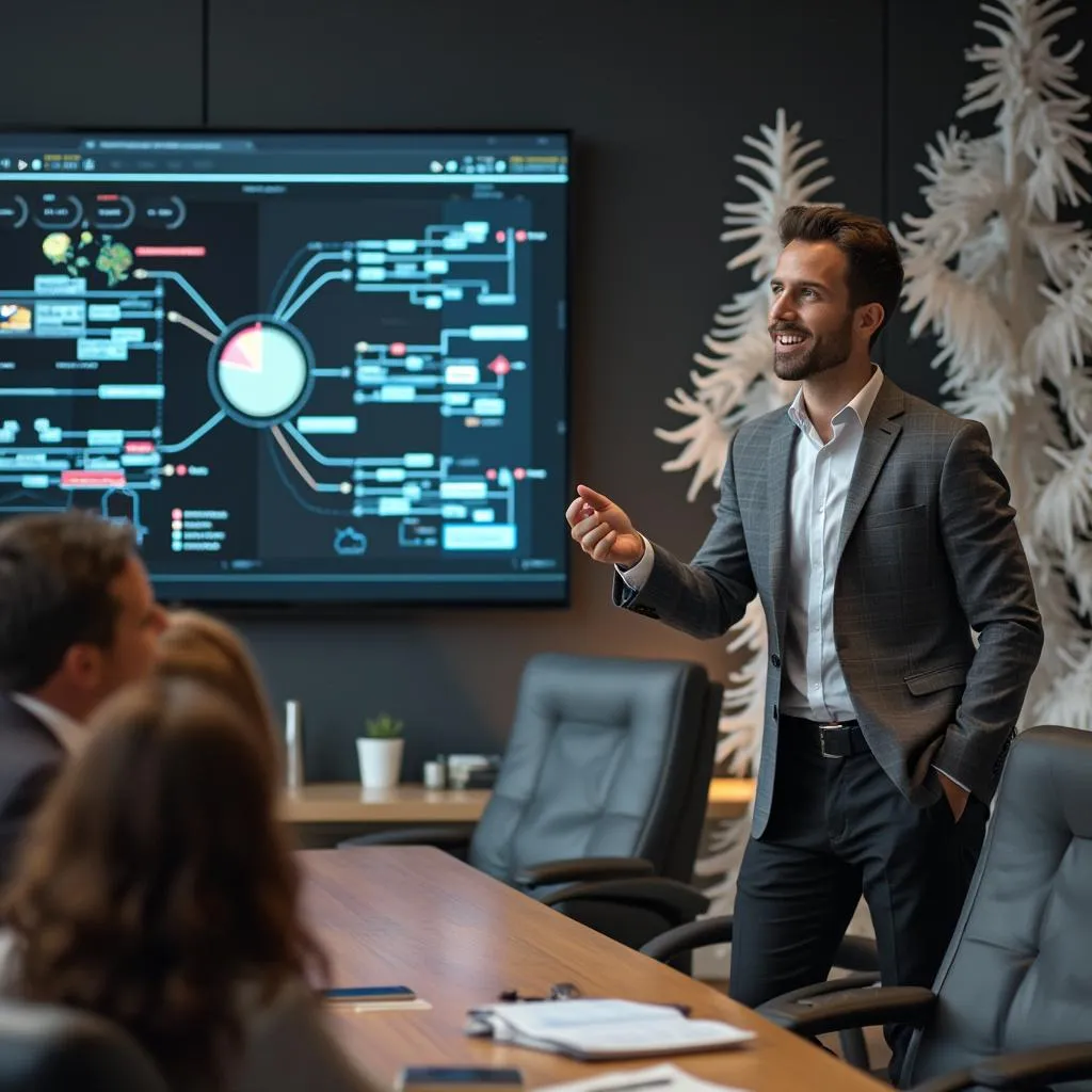 Consultor presentando una estrategia a un cliente en una sala de reuniones